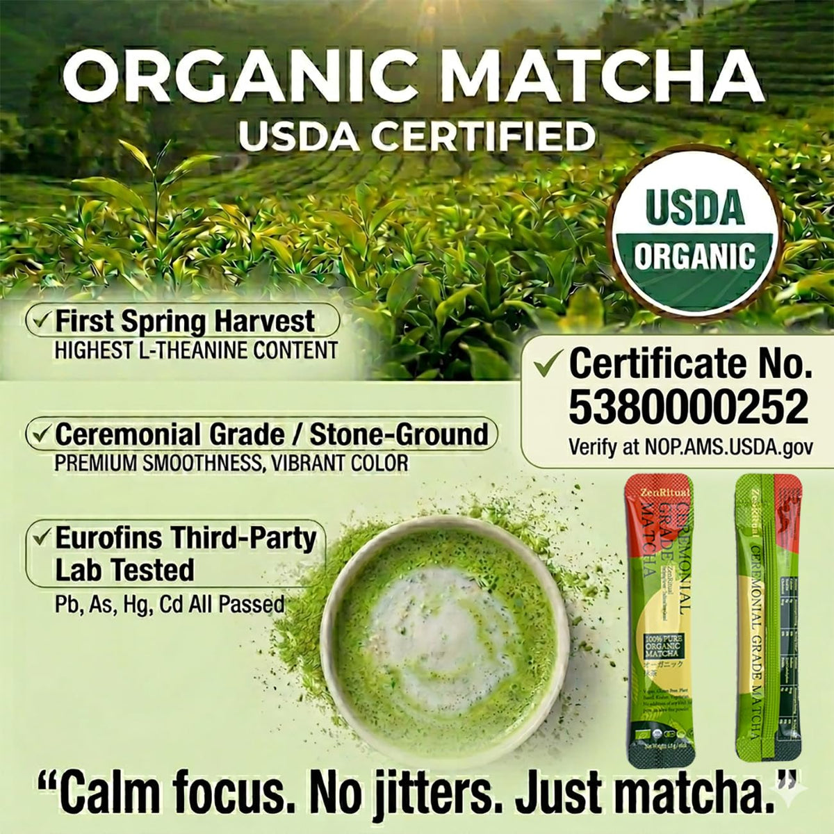 ZenRitual Matcha Powder Packets, 20 Single Serve Sticks, Ceremonial Grade