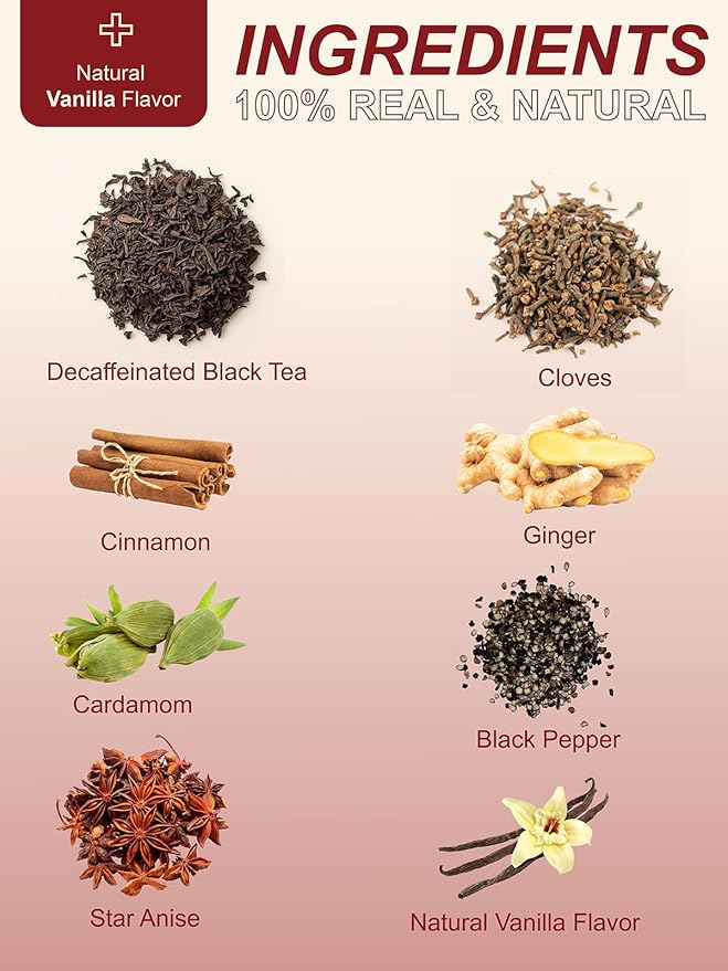 TeeLux Vanilla Decaf Chai Tea Bags, Decaffeinated Black Tea with Cinnamon, Ginger, Cardamom, Natural Vanilla Flavor, Full-bodied & Spicy Flavor, 100 Count