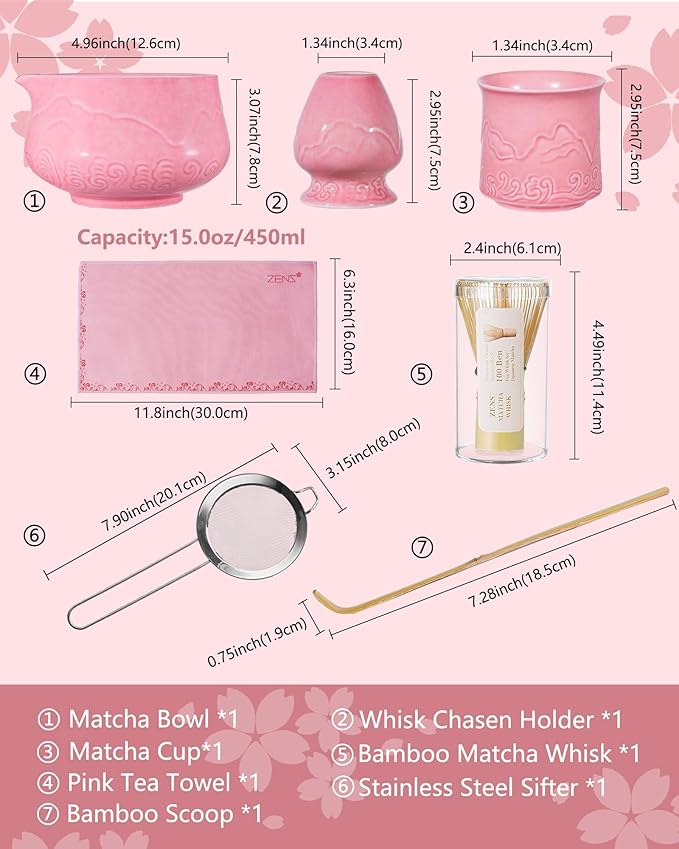 ZENS 7pcs Matcha Set, Matcha Whisk Set Includes Pink Bowl and Cup for Bamboo Whisk, (Chasen Holder), Scoop, 304 Sifter and Tea Mat, Pink Matcha Kit for Matcha Lovers