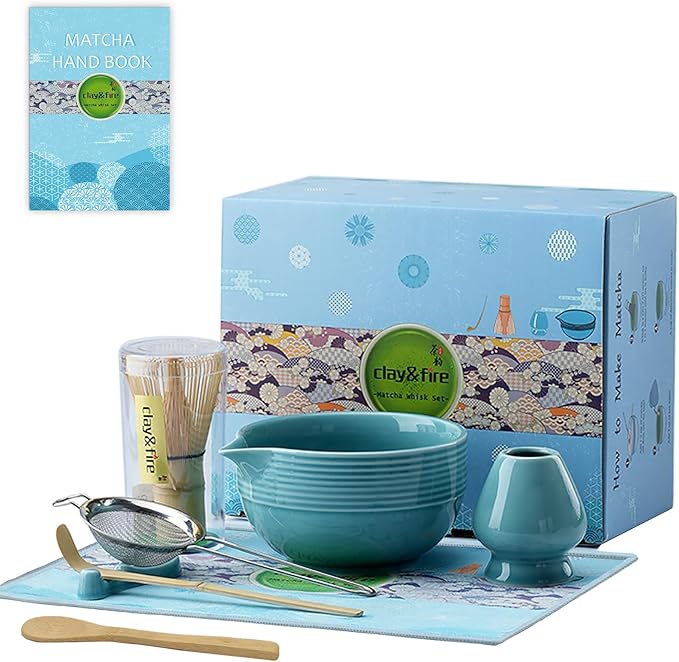 Clay&Fire Matcha Whisk Set, Ceramic Matcha Set, Matcha Bowl with Spout and Whisk, 9 pcs Matcha Tea Kit for Matcha Lovers, Ideal Gift Christmas