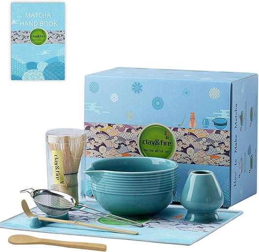 Clay&Fire Matcha Whisk Set, Ceramic Matcha Set, Matcha Bowl with Spout and Whisk, 9 pcs Matcha Tea Kit for Matcha Lovers, Ideal Gift Christmas