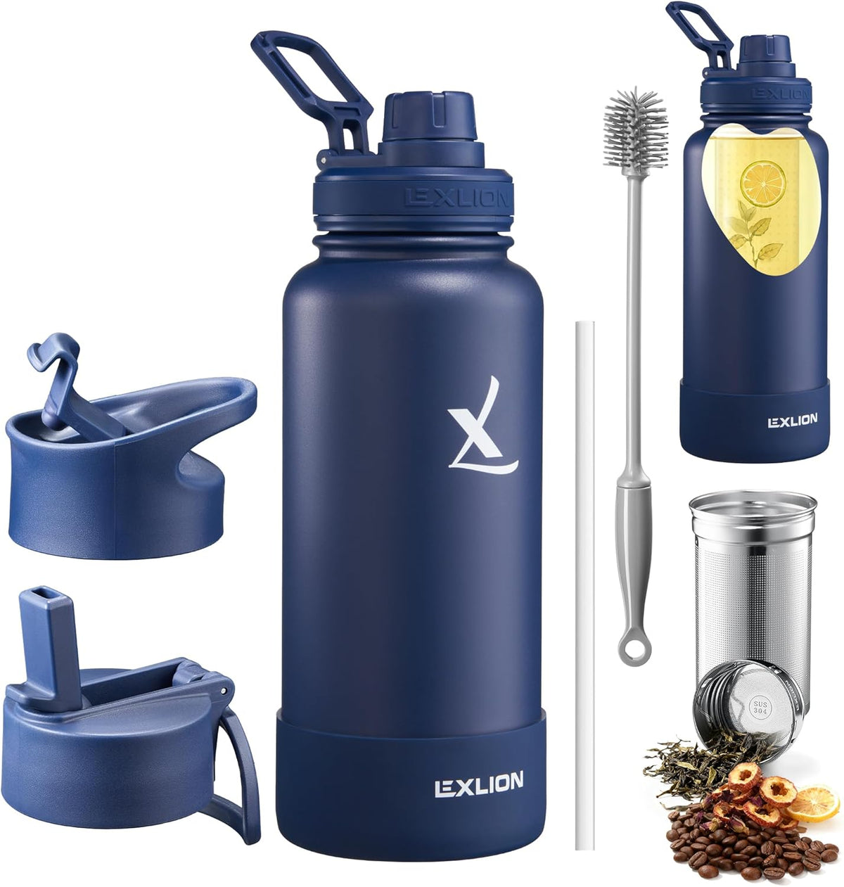 Lexlion Tea Infuser Water Bottle 32 Oz – Triple Wall Insulated Stainless Steel, Loose Leaf &amp; Fruit Strainer, 3 Leakproof Lids, BPA-Free Silicone Sleeve, Reusable Thermal Mug