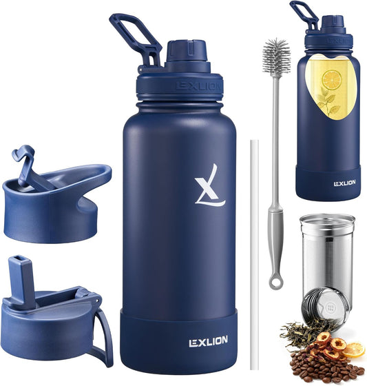 Lexlion Tea Infuser Water Bottle 32 Oz – Triple Wall Insulated Stainless Steel, Loose Leaf &amp; Fruit Strainer, 3 Leakproof Lids, BPA-Free Silicone Sleeve, Reusable Thermal Mug