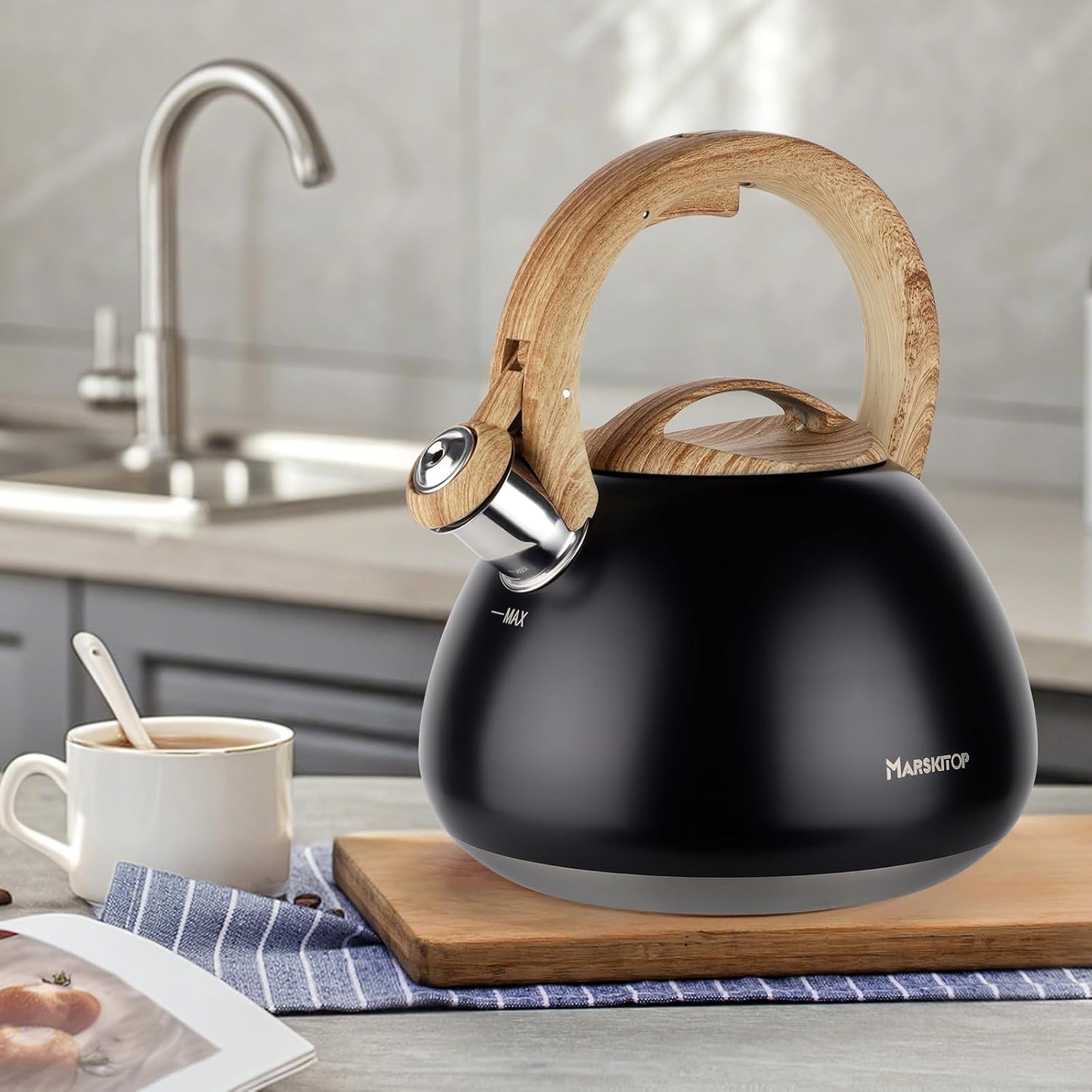 MARSKITOP Whistling Tea Kettle for Stove Top, 2.6 Quart, Black | Food Grade Stainless Steel, Loud Whistle, Cool-Touch Handle, Suitable for All Cooktops