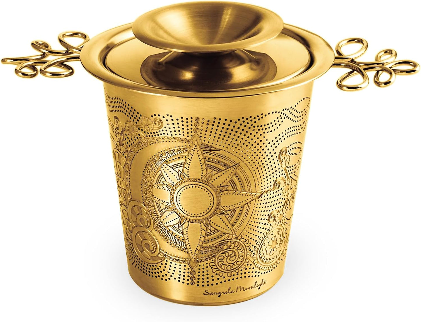 Luxury Tea Strainer Basket Gift Set - Gold Plated Infuser with Engraved Floral Motifs, Crystal Accent Chain for Loose Leaf Tea, Fine Mesh Filter &amp; Ergonomic Handle