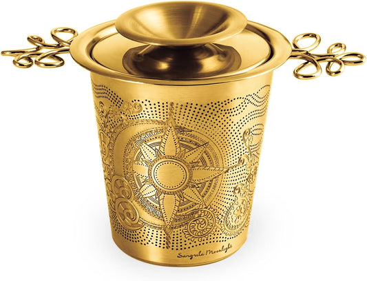 Luxury Tea Strainer Basket Gift Set - Gold Plated Infuser with Engraved Floral Motifs, Crystal Accent Chain for Loose Leaf Tea, Fine Mesh Filter &amp; Ergonomic Handle
