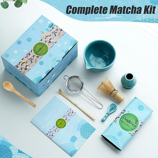 Clay&Fire Matcha Whisk Set, Ceramic Matcha Set, Matcha Bowl with Spout and Whisk, 9 pcs Matcha Tea Kit for Matcha Lovers, Ideal Gift Christmas