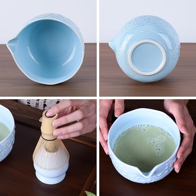 Japanese Matcha Whisk Set - Matcha Making Kit with Ceramic Bowl Bamboo Whisk (Chasen) Sifter & Holder Blue
