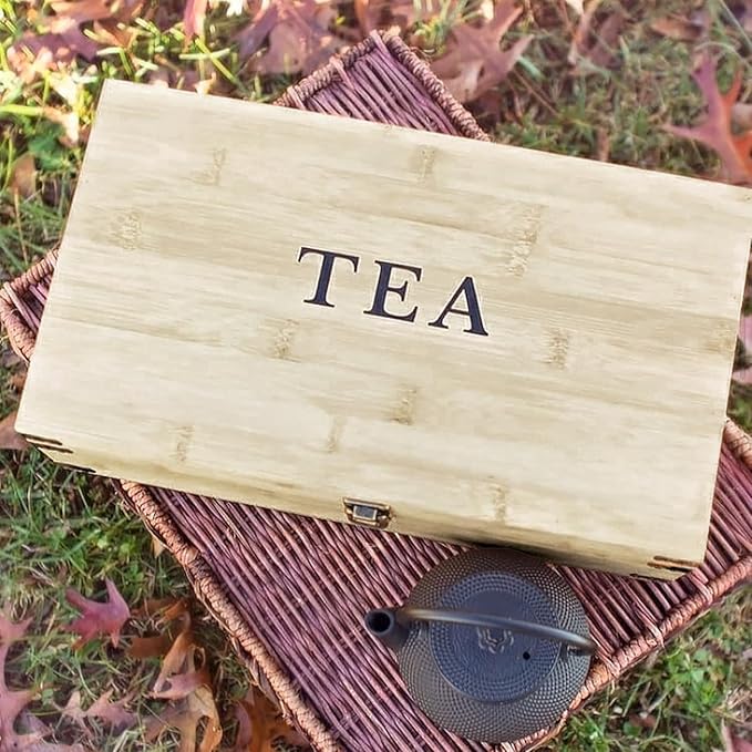 Large Wooden Tea Organizer Box, Big 14" Pine Storage Chest, 8-Slot Tall, Adjustable Shelves, 100% Handmade Craft Eco-Friendly Natural Décor