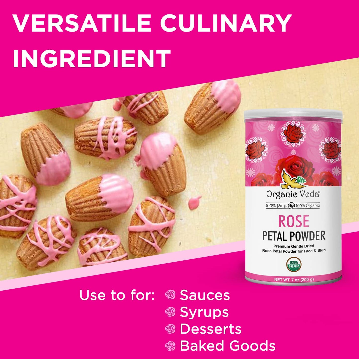 Organic Veda Rose Petals Powder - USDA Organic Edible Dried Rose Petals for Tea, Baking, Drink Mix, DIY Beauty Skin Care