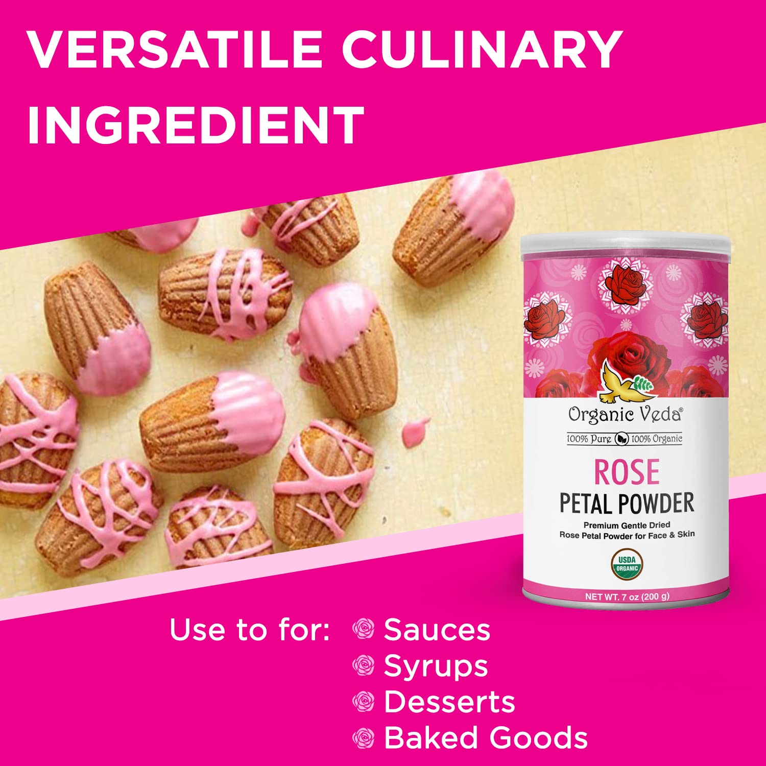 Organic Veda Rose Petals Powder - USDA Organic Edible Dried Rose Petals for Tea, Baking, Drink Mix, DIY Beauty Skin Care