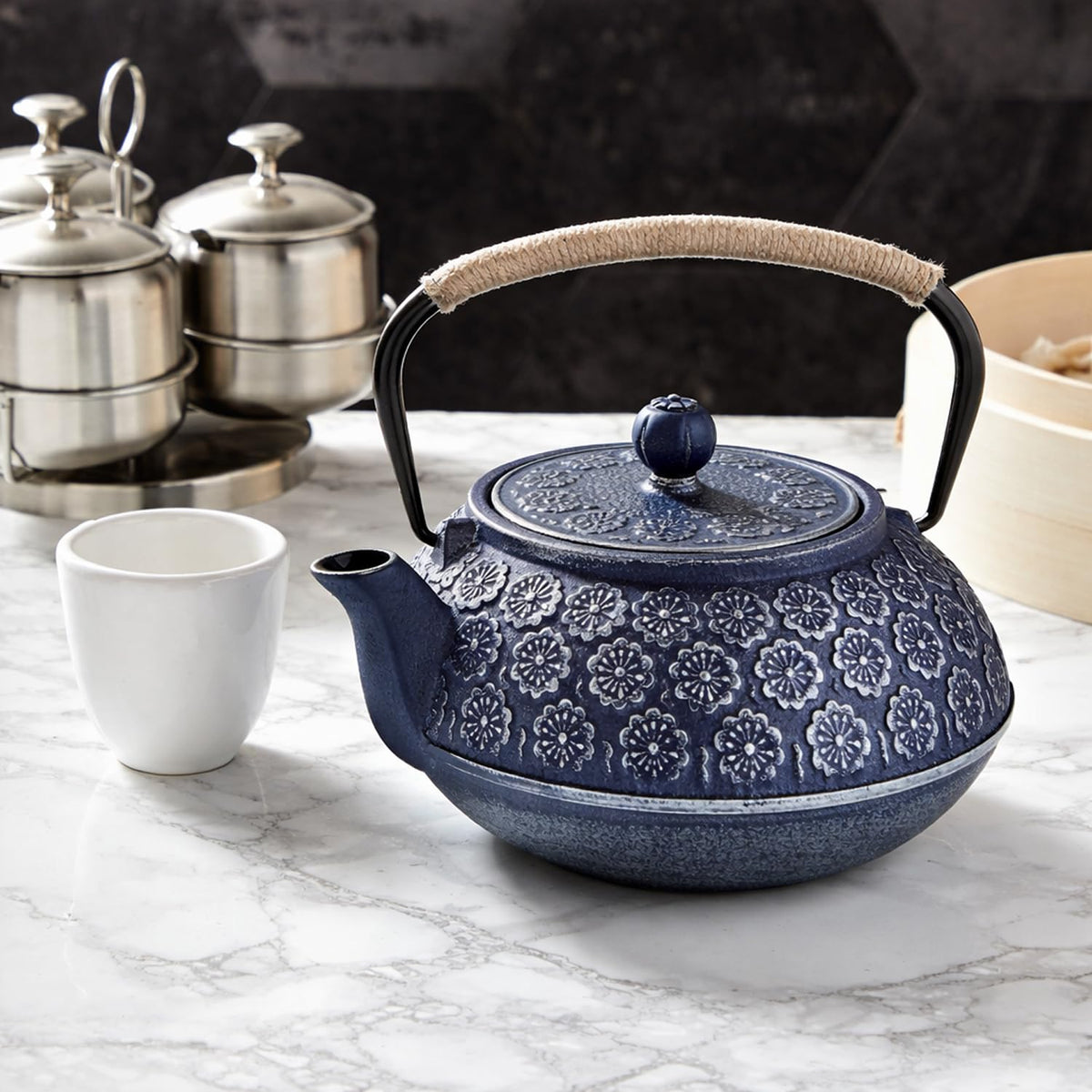 Juvale Japanese Cast Iron Teapot with Infuser & Stovetop Tea Kettle - 34 oz, Blue - Heat Retention, Removable Lid & Fold-Down