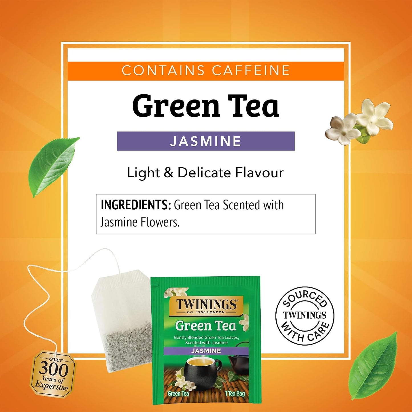 Twinings Green Tea with Jasmine, Caffeinated, Tea Bags, 100 CT Box (1 Pack) | Floral Scented with Jasmine Blossoms, Naturally Caffeinated, 100 Foil Lined Individually Wrapped Bags, Enjoy Hot or Iced