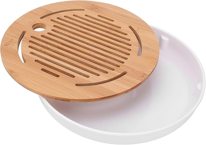 10in Round Shape Modern Stylish Chinese Kung Fu Tea Serving Tray Gongfu Tea Table with Water Storage Box for Home Office Bar
