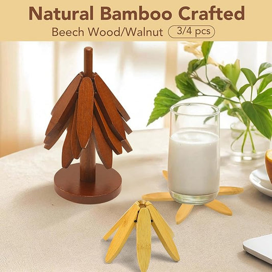 Tree Shape Bamboo Trivet Kitchen Decor Tree Shaped Holder Beech Wood Foldable Design Hot Dishes, Pot, Teapot, Plates, Bowls (Beech-3)