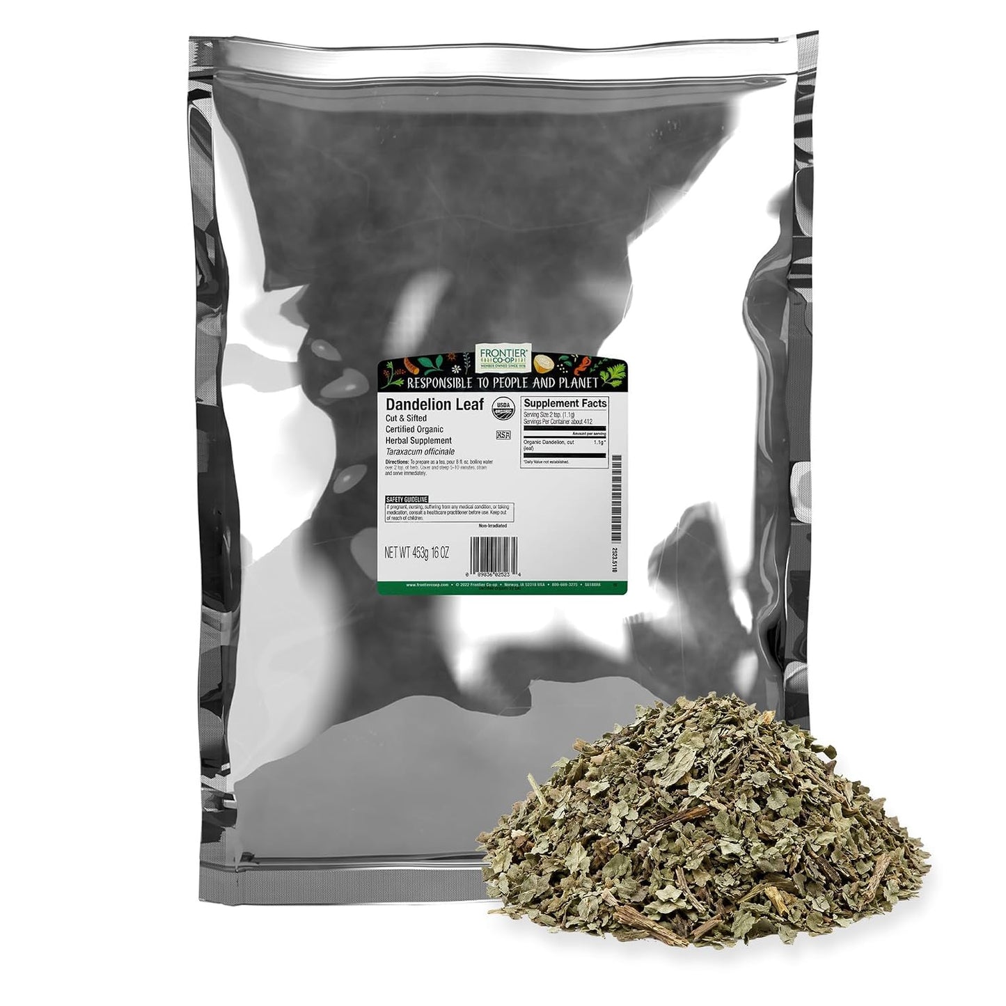 Frontier Co-op Organic Dandelion Leaf, Cut and Sifted - Dried for Loose Tea, Caffeine-Free Coffee Alternative, or Powder Supplement Capsules - Kosher | 16 Ounce (Pack of 1)