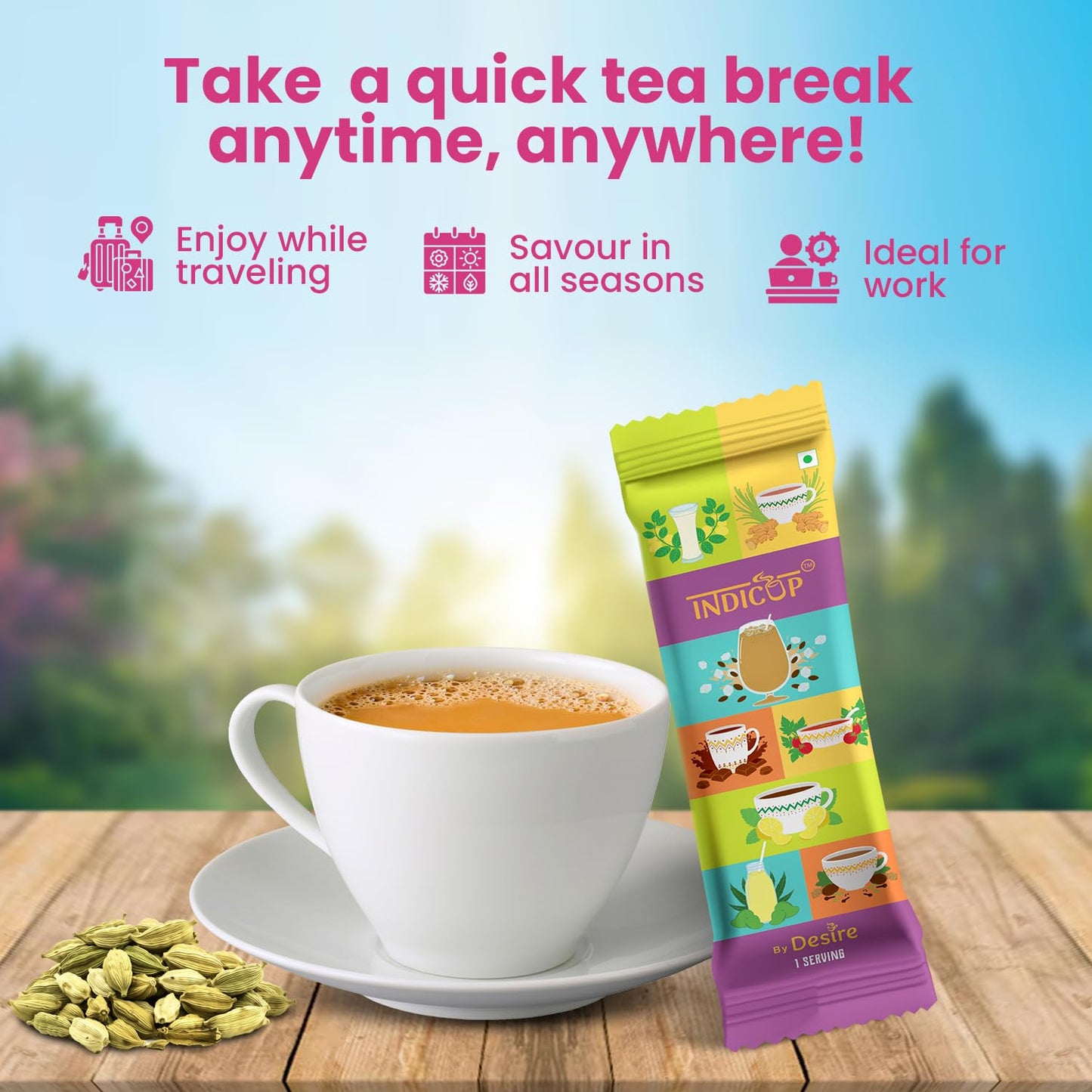 INDICUP Instant Chai Cardamom Tea Latte Diet | True Indian Taste | Just Add Hot Water | 10 Single Serve Sachets | 180g (6.35 Ounce)