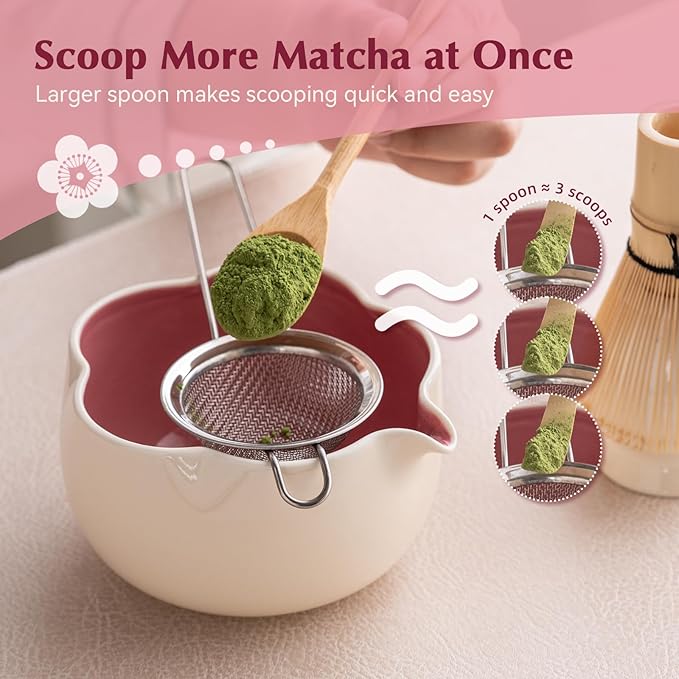 Matcha Set, 8Pcs Floral Ceramic Matcha Set with Matcha Whisk, Holder, Scoop, Scoop Rest, Sifter, Spoon and Tea Towel - Thoughtful Matcha Whisk Set Gift for Matcha Lovers (Beige & Pink)