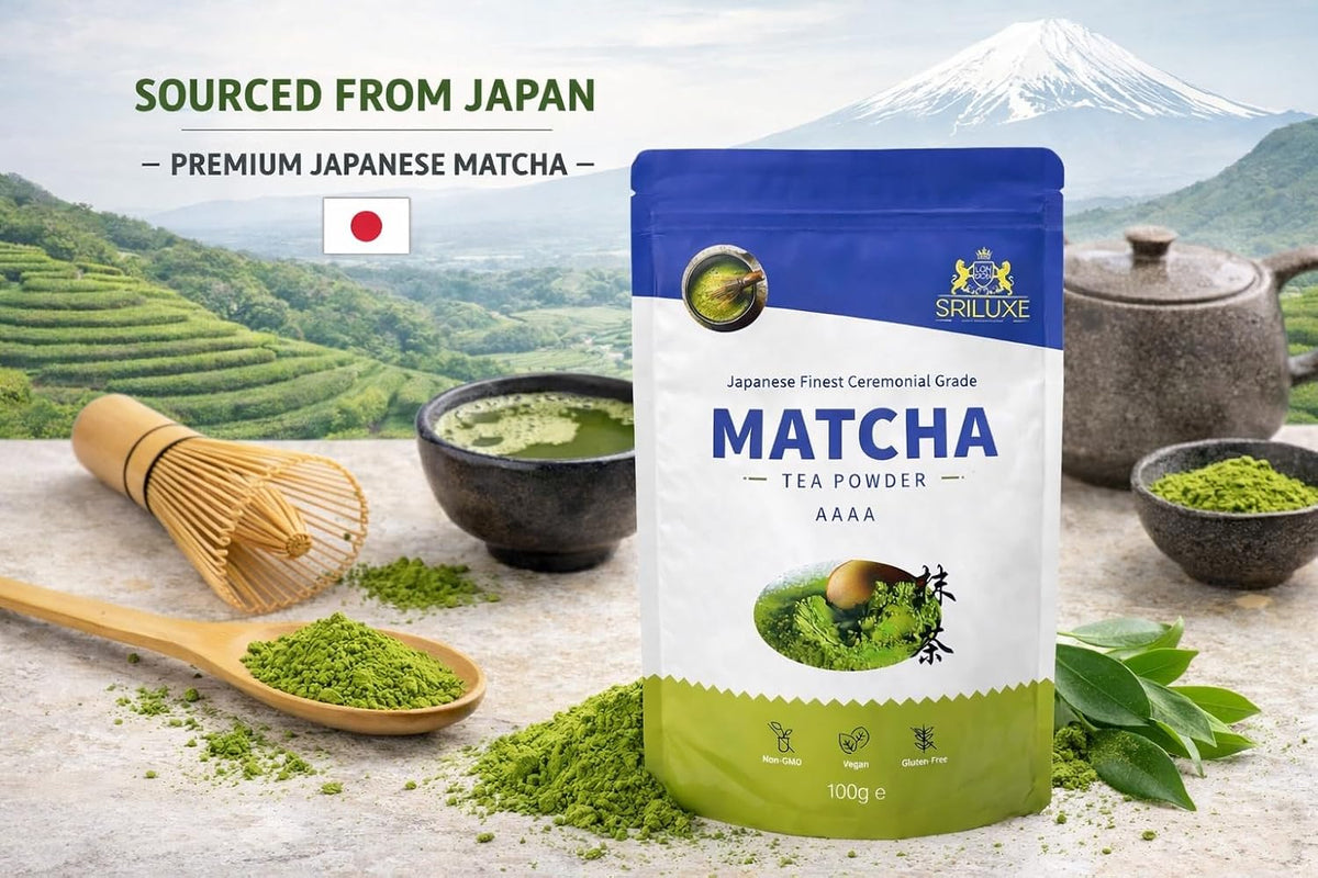 SRILUXE - Ceremonial Matcha Green Tea Powder - Premium Grade-100g. Produced in Japan, Uji, Kyoto. Use for Drinking, Cooking, Baking, Smoothie Making and with Milk. Vegan &amp; Vegetarian Friendly (100g, AAAA (4A))
