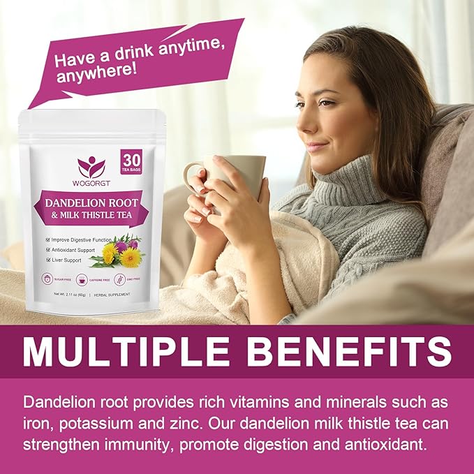 Dried Dandelion Root with Milk Thistle Tea - Natural Dandelion Root and Milk Thistle Herbal Tea bags, Antioxidant and Immune Support, Caffeine Free