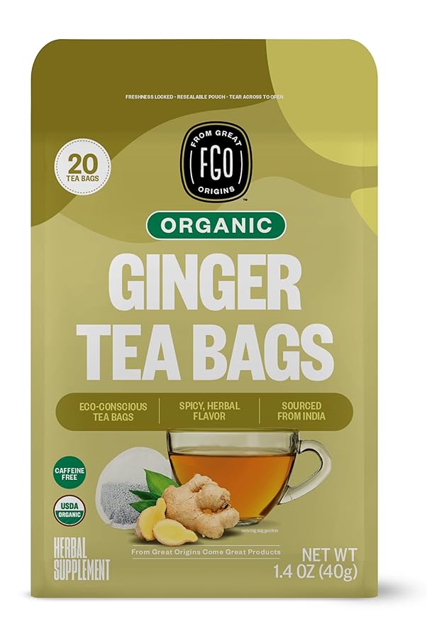 FGO Organic Ginger Tea, 20 Count, Eco-Conscious Tea Bags, Caffeine Free, Packaging May Vary (Pack of