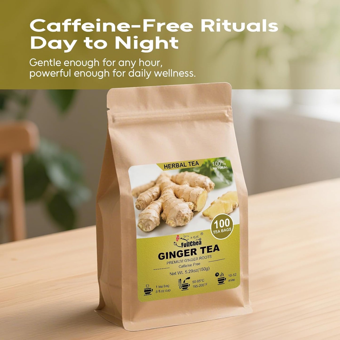 FullChea Ginger Tea Bags, 100 Counts, Te De Jengibre, Non-GMO | Pure Ginger Root, Warm &amp; Spicy, Caffeine-Free, Support Digestion &amp; Boost Immunity, No Additives, Resealable Pouch