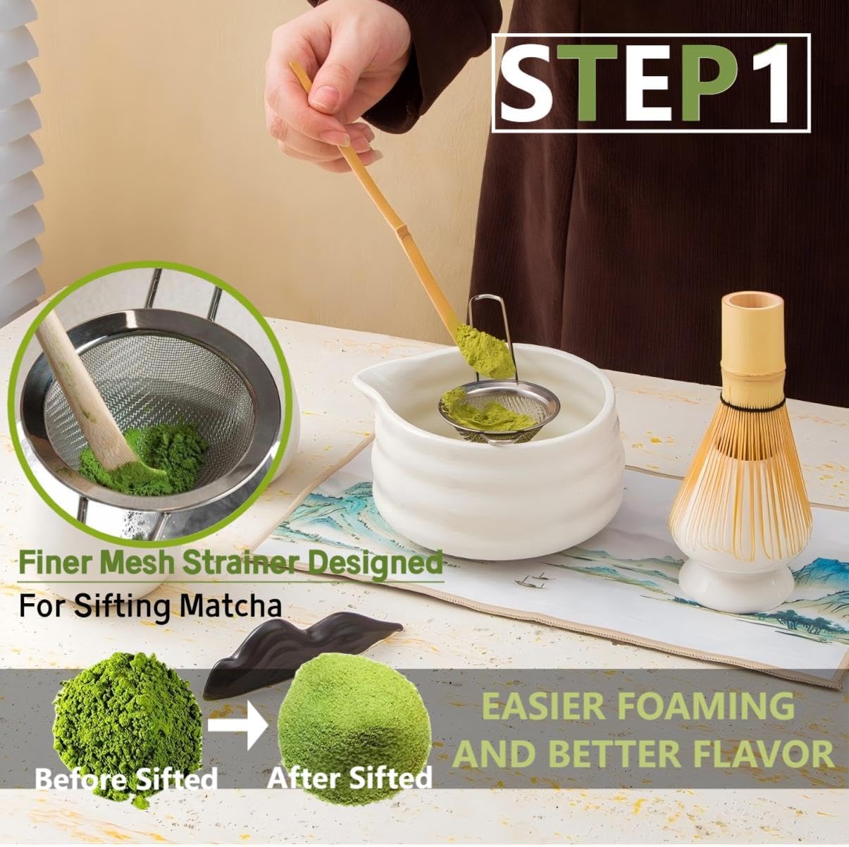Matcha Tools ，Matcha Whisk Holder， Matcha Chasen Whisk Stand ，Ceramic Holder ，Matcha Bowl ，Traditional Japanese Tea Ceremony Starter (Matte Black Ceramic Holder，Whisk ， 4 set)