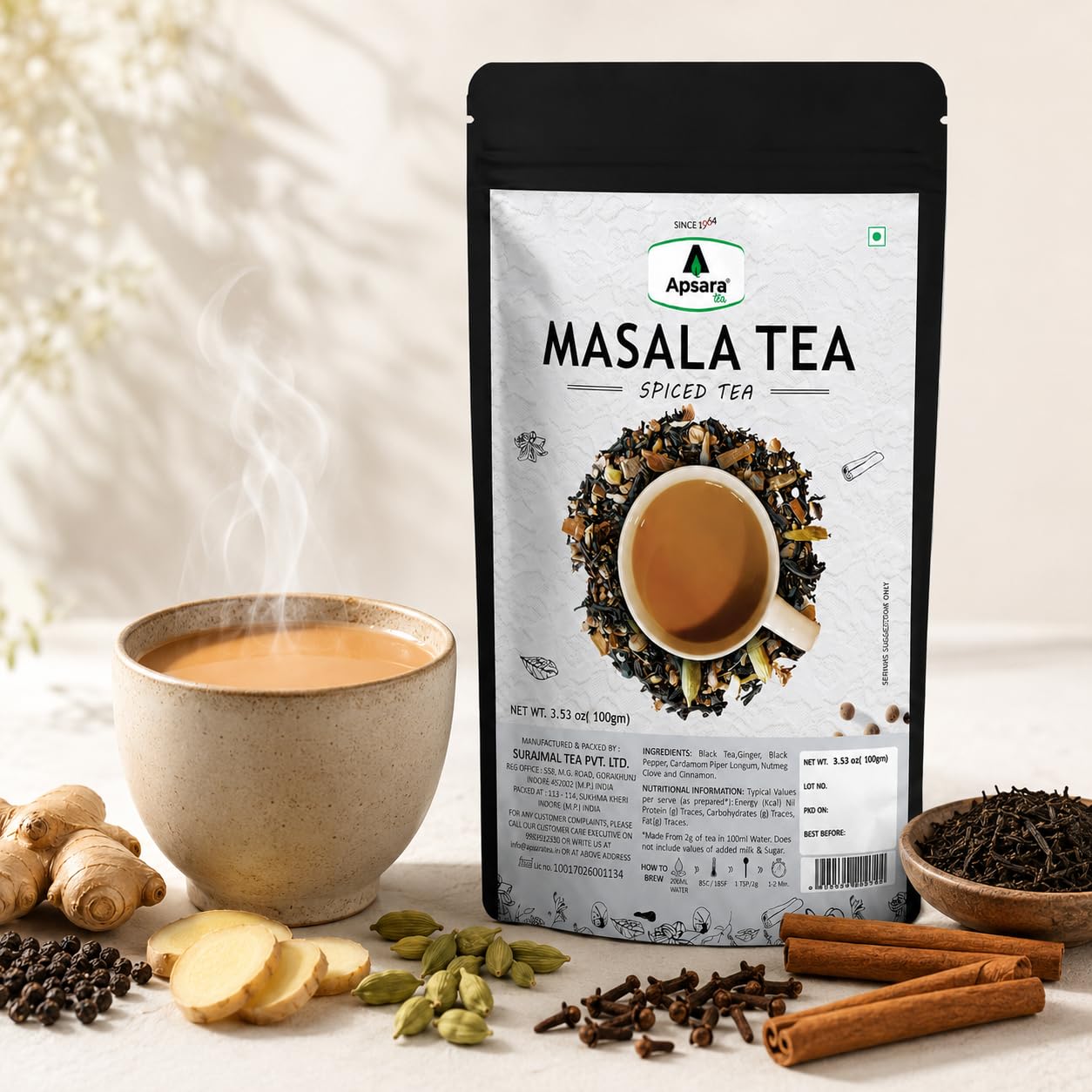 APSARA Premium Masala Chai Tea, Authentic Indian CTC Black Tea Blend with Ginger, Cardamom, Cinnamon, Black Pepper &amp; Cloves, Strong Aroma and Bold Flavor, Spiced Tea for Traditional Milk Chai, 100g