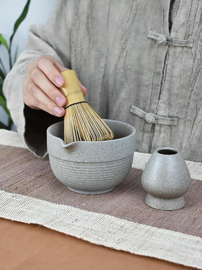 Matcha Tea Set – 4 Piece Traditional Japanese Matcha Kit with Pouring Spout Bowl, Whisk, Holder, Scoop & Guide