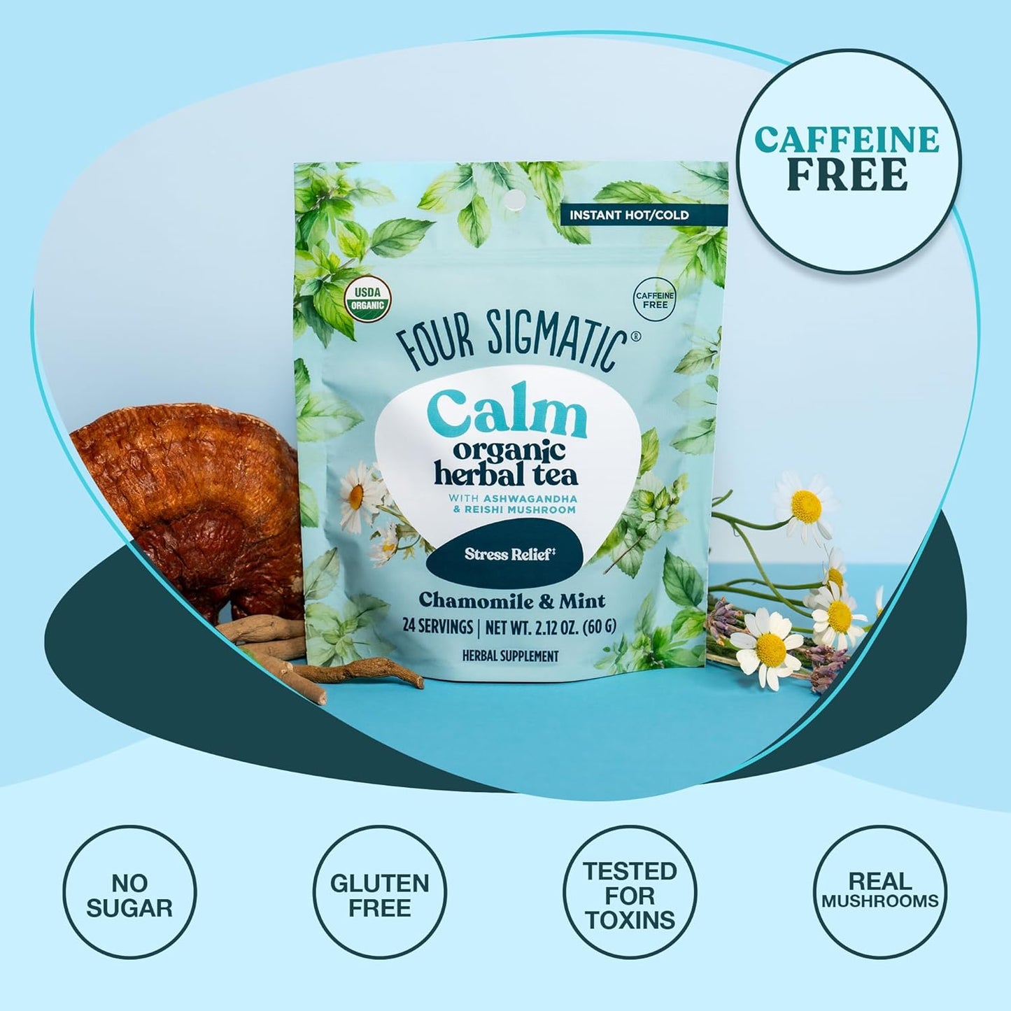 Four Sigmatic Calm Organic Herbal Tea | Stress Relief Tea with Ashwagandha & Reishi | Instant Adaptogenic Drink for Relaxation | Vegan, Gluten-Free | Chamomile & Mint, 24 Servings