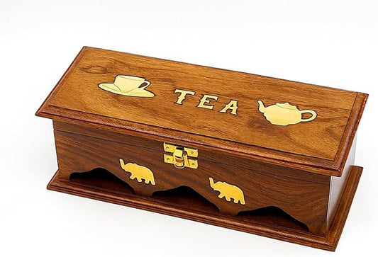 Handcrafted Rosewood Tea Box Organizer with Brass Inlay – 3-Compartment Storage Chest for Tea Bags, Spices & Keepsakes – Natural Wood Tea Caddy – Artisan Kitchen & Gift Item from South Asia