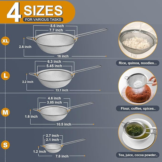 Fine Mesh Strainer, Stainless Steel Kitchen Strainers with Sturdy Handle, Set of 4 Metal Sieve for Food, Rice, Quinoa, Tea - 8.6", 6.3", 4.6", 2.7"