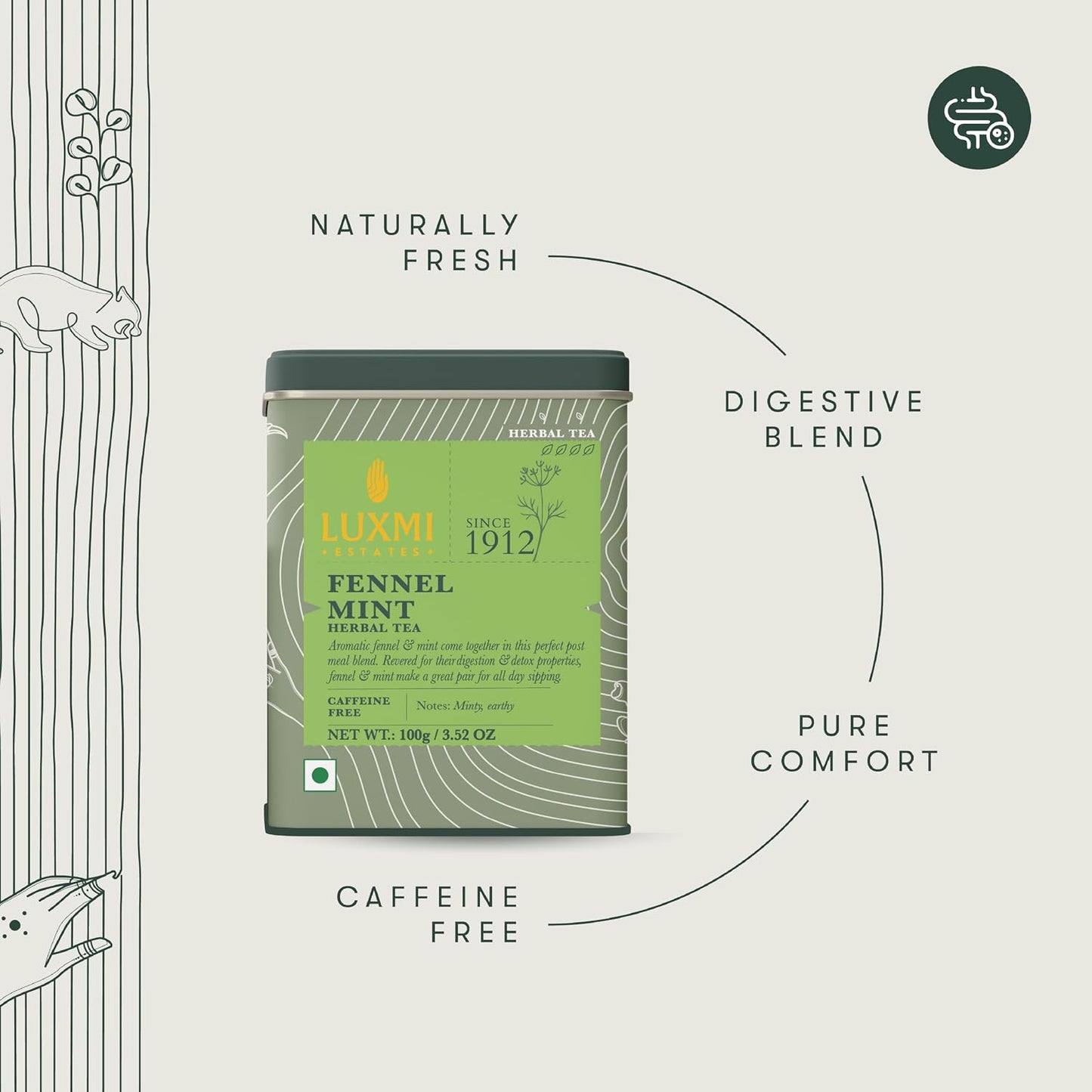 Luxmi Estates Fennel Mint Herbal Tea | Loose Leaf in Resealable Tin Caddy 100g (3.5oz, ~50 Cups) | 5-Herb Ayurvedic Digestive Blend with Fennel, Peppermint, Coriander Seed, Cardamom &amp; Cinnamon, Caffeine-Free