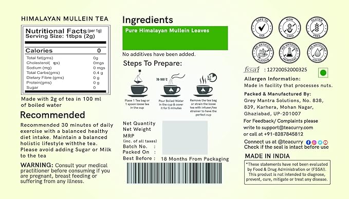 Teacurry Himalayan Mullein Leaf Tea (30 Tea Bags, 1 Month Pack) - Immunity, and Easy Sleep