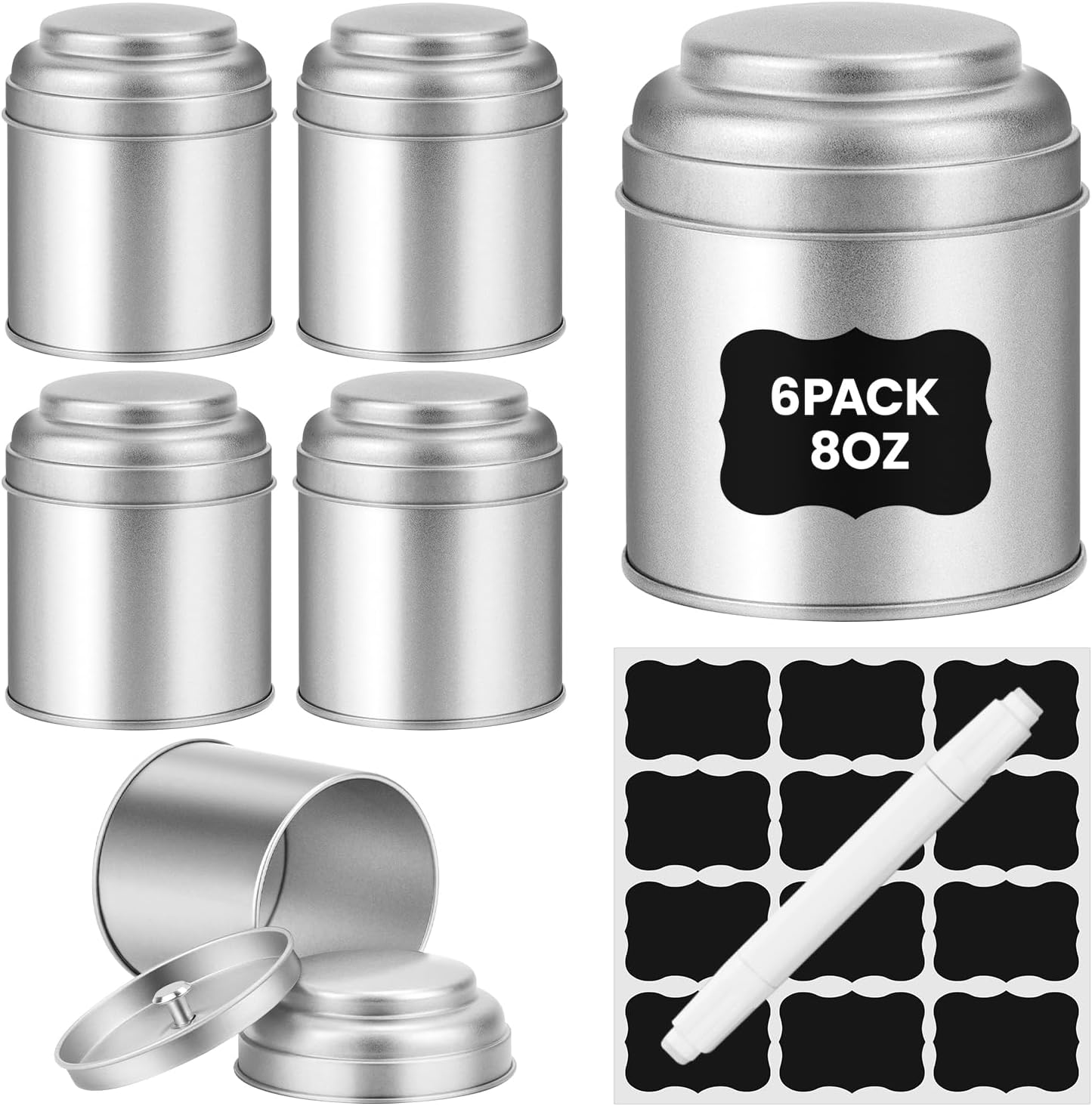 Tea Tin with Airtight Double Lids for Loose Leaf Tea Storage, 8 Fl Oz Kitchen Small Tin Can and Tea Canister for Tea Coffee Sugar Candy Spices Christmas Gift(6 Pcs) | 8 Fl Oz Capacity, Kitchen Small Tin Can and Tea Canister, for Tea Coffee Sugar Candy Spi