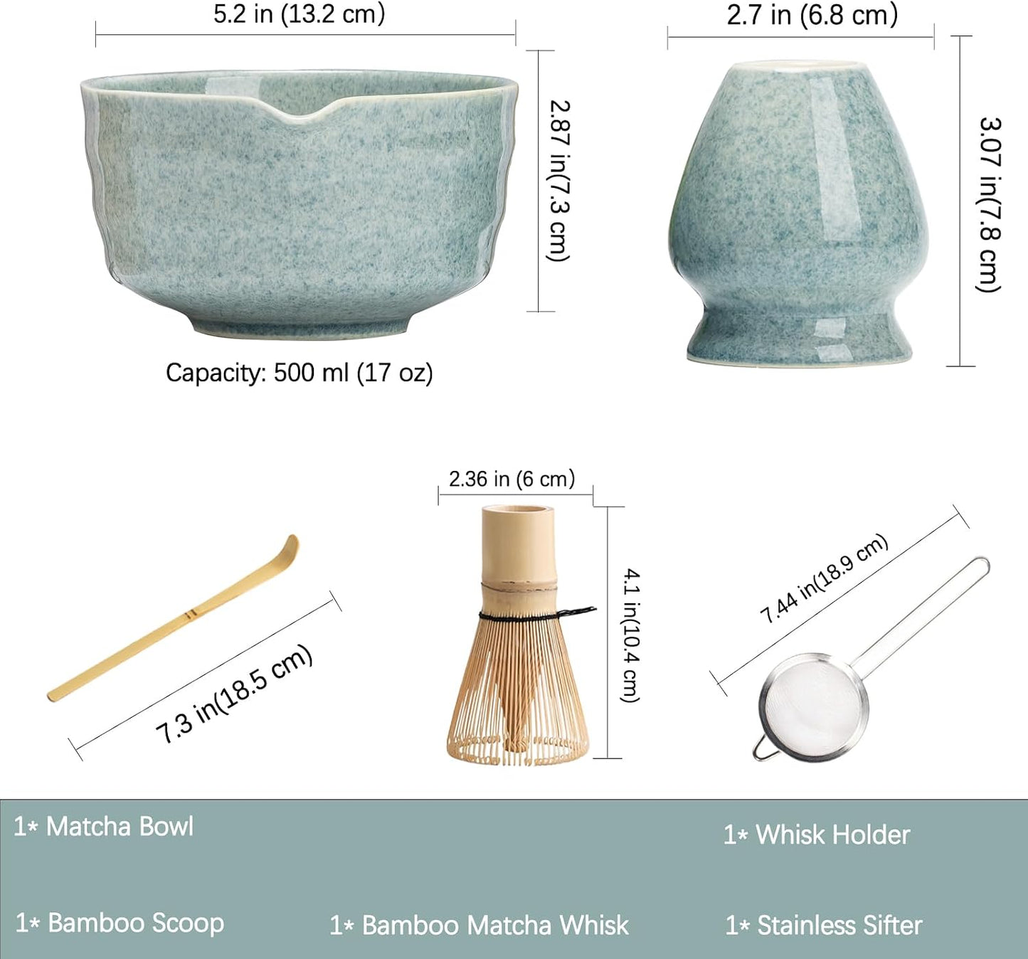 Ochcahser Matcha Set, Matcha Whisk Set Includes 17 oz Matcha Bowl | Matcha Holder, Bamboo Matcha Whisk and Scoop, Sifter, 5 Pce Mottled Blue Glaze Ceramic Matcha Kit for Tea Lovers.