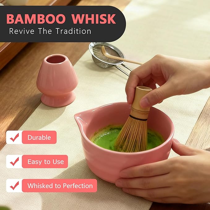 Matcha Whisk Set Cute 18 oz Matcha Bowl Kit 5 pcs Great for Tea Lover Pink