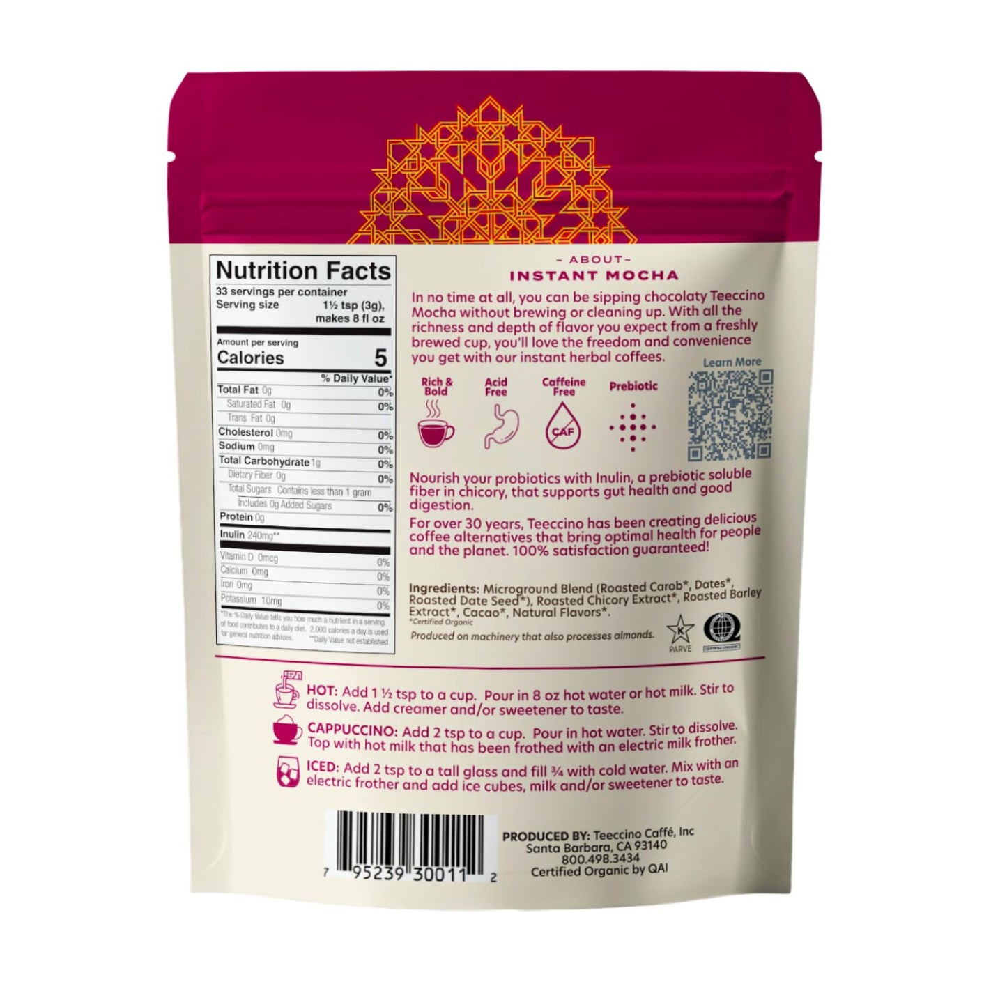 Teeccino Instant Organic Mocha Herbal Coffee - 33 servings – Instant Chicory Coffee Alternative with Lush Chocolate Slightly Sweetened by Dates That’s Prebiotic, Caffeine-Free - 3.53 Ounces