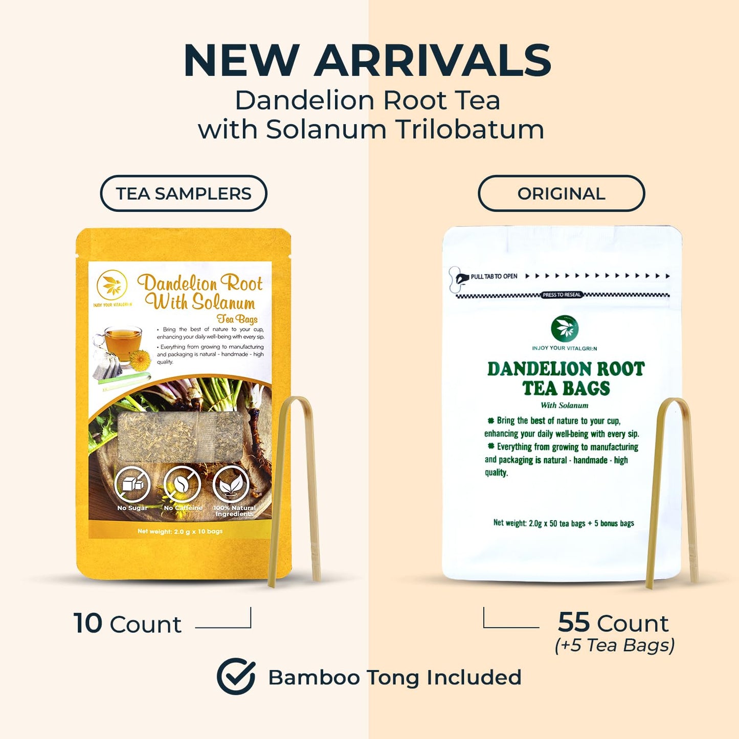 Dandelion Root Tea with Solanum Trilobatum 55 Tea Bags - 5.15 oz | Bamboo Tong, Re-Steep Pure Herbal Tea Detox Blend for Strength Balance, Energy Support