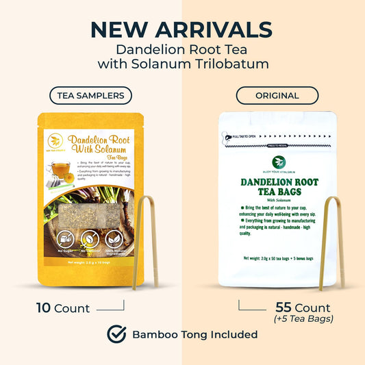 Dandelion Root Tea with Solanum Trilobatum 55 Tea Bags - 5.15 oz | Bamboo Tong, Re-Steep Pure Herbal Tea Detox Blend for Strength Balance, Energy Support