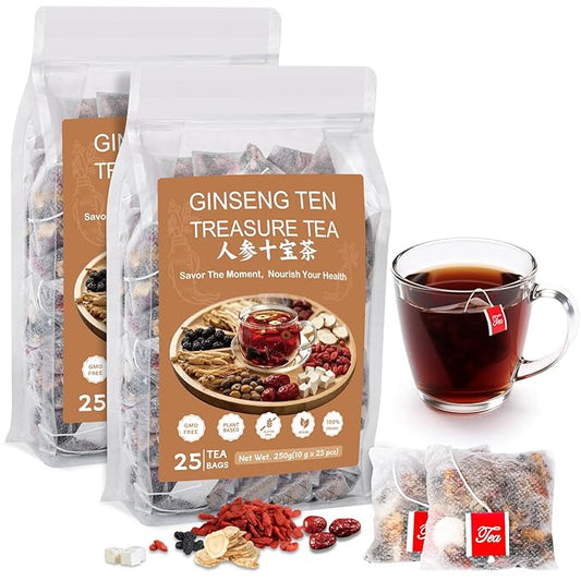 Ginseng Ten Treasure Tea, Natural Chinese Herbal Kidney Cleanse Detox Tea Support Liver & Kidneys Health for Men Women, No Additives, Caffeine Free
