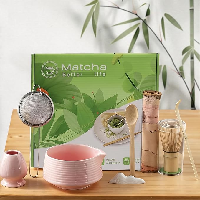 8 Pcs Matcha Whisk Set Chasen Matcha Whisk Bamboo Bowl with Spout Sifter Spoon Scoop Whisk Holder Ba