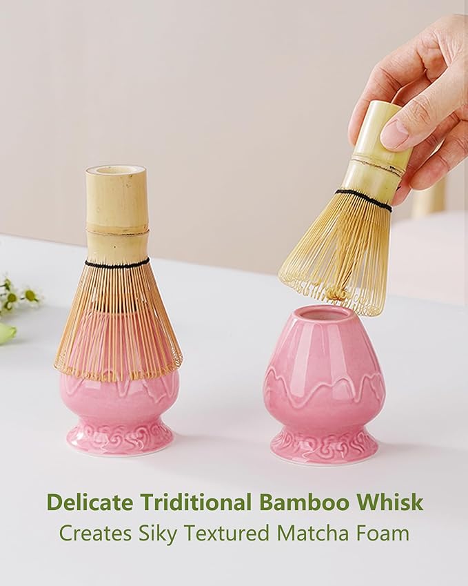 ZENS Pink Matcha Set, Matcha Whisk Set Includes Ceramic Bowl, Matcha Whisk and Chasen Holder, Bamboo Scoop-Tea Towel, 5pcs Matcha Kit Set for Matcha Lovers, Sakura Pink