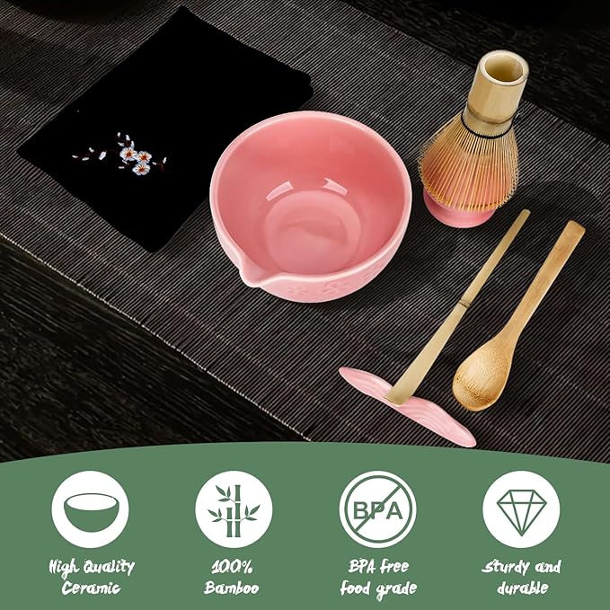 Matcha Whisk Set Pink, 8Pcs Matcha Set Kit include Matcha Bowl, Matcha Whisk and Holder, Bamboo Scoop, Scoop Rest, Sifter and Tea Towel
