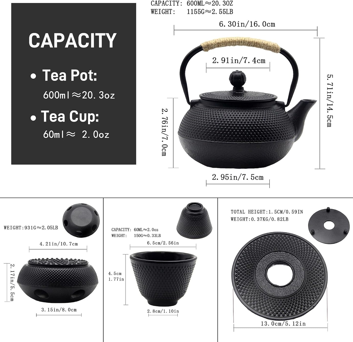 20.3oz Small Cast Iron Teapot Set with Warmer, Japanese Black Tea Kettle for Stovetop Safe, Teapot and Cups Set, Tea Pot with Stainless Steel Infuser for Loose Tea(600ml)