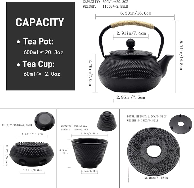 20.3oz Small Cast Iron Teapot Set with Warmer, Japanese Black Tea Kettle for Stovetop Safe, Teapot and Cups Set