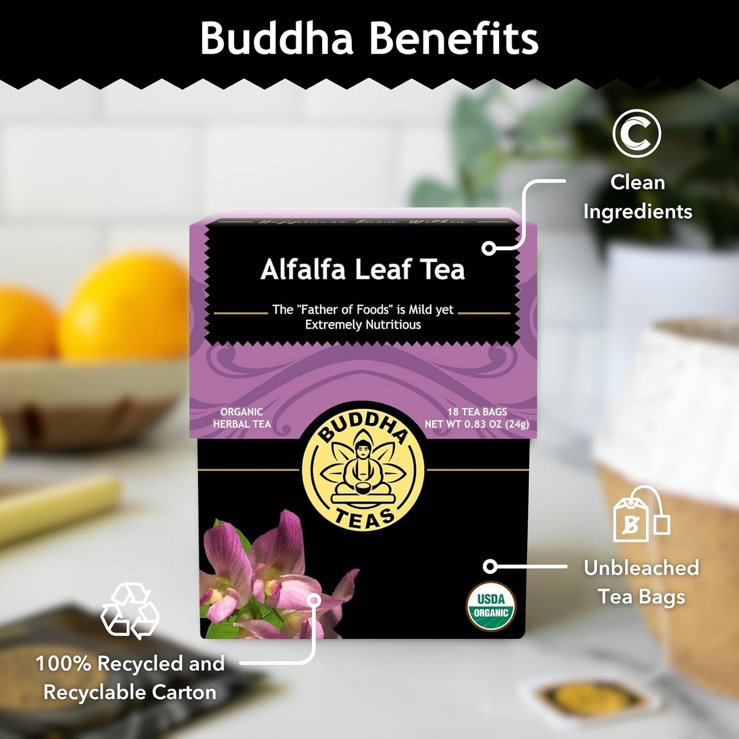 Buddha Teas - Alfalfa Leaf Tea - Herbal Tea - For Health &amp; Wellbeing - With Vitamins, Minerals &amp; Antioxidants - Clean Ingredients - Caffeine Free - OU Kosher - 18 Tea Bags (Pack of 1)
