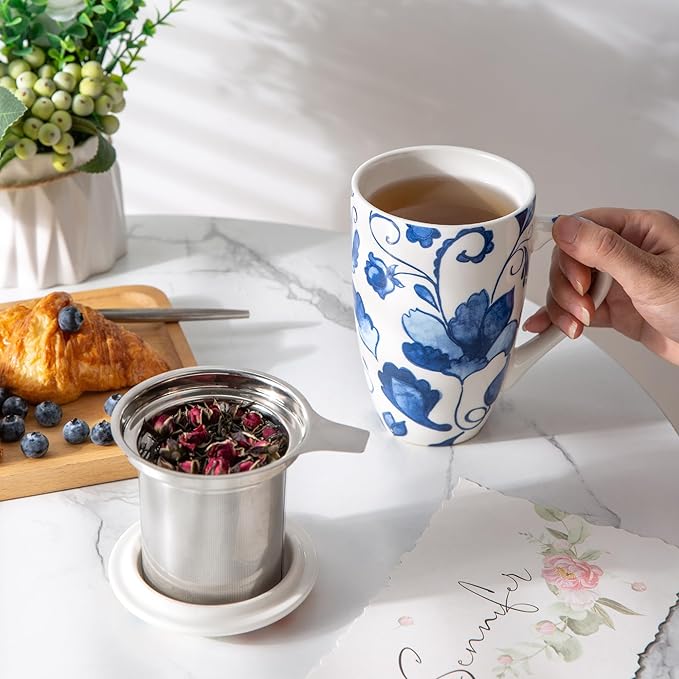 Gbhome Tea Mug with Infuser and Lid, 18 Ounce Large Ceramic Loose Leaf Cup, Microwave, Dishwasher Safe, Perfect for Tea Lovers
