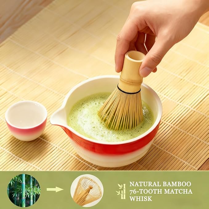 Matcha Whisk Set,8 Pcs Pink Matcha Kit - Ceramic Matcha Set Bowl with Spout,Bamboo Whisk & Holder,Scoop&Scoop Rest,Tea Towel,Stainless Sifter