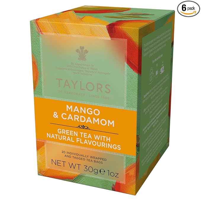 Taylors of Harrogate Mango & Cardamom, Green Tea Individually Wrapped Bags, 20 Count (Pack of 6), Delicate, Refreshing and Sweet, Caffeinated